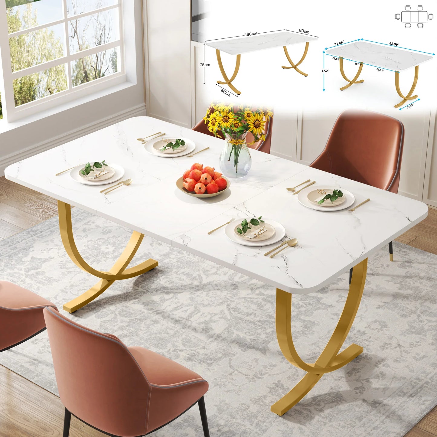 63-Inch Rectangular Marble Dining Table for 4 to 6.