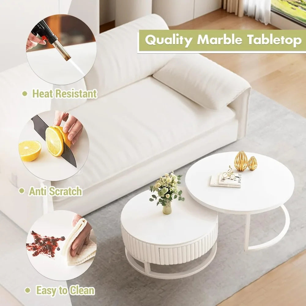 Set of 2 Modern White Coffee Tables for Living Room.