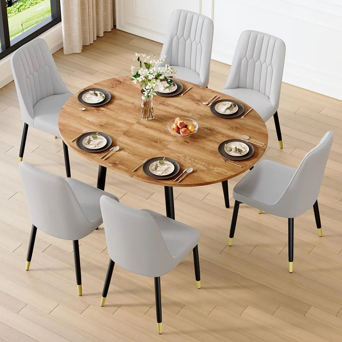 Oval Dining Table Set for 6 Wood Chairs With Thick Cushion