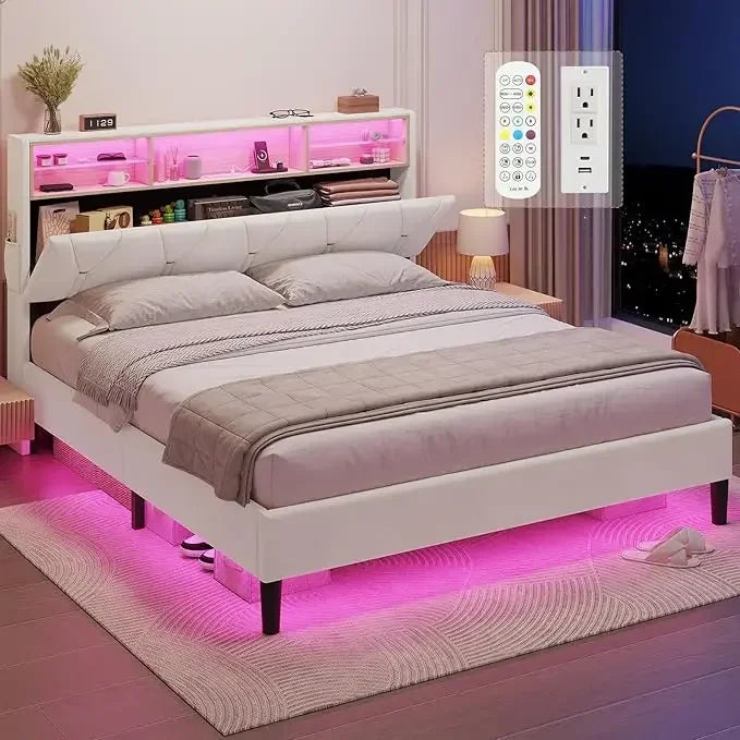 Velet Upholstered Platform Bed Frame Queen With Lights
