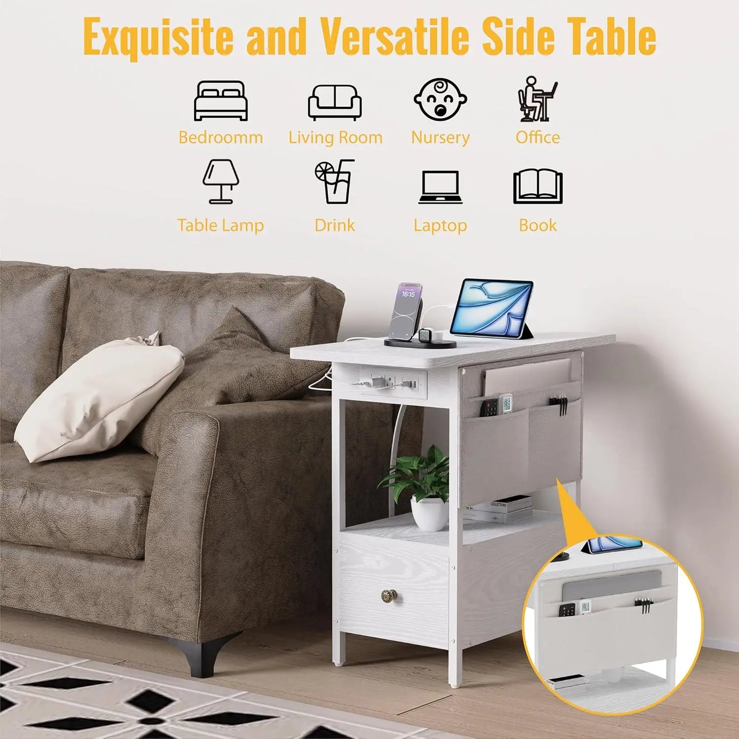 Charging Station, Narrow Nightstand Bedside Tables With Storage.