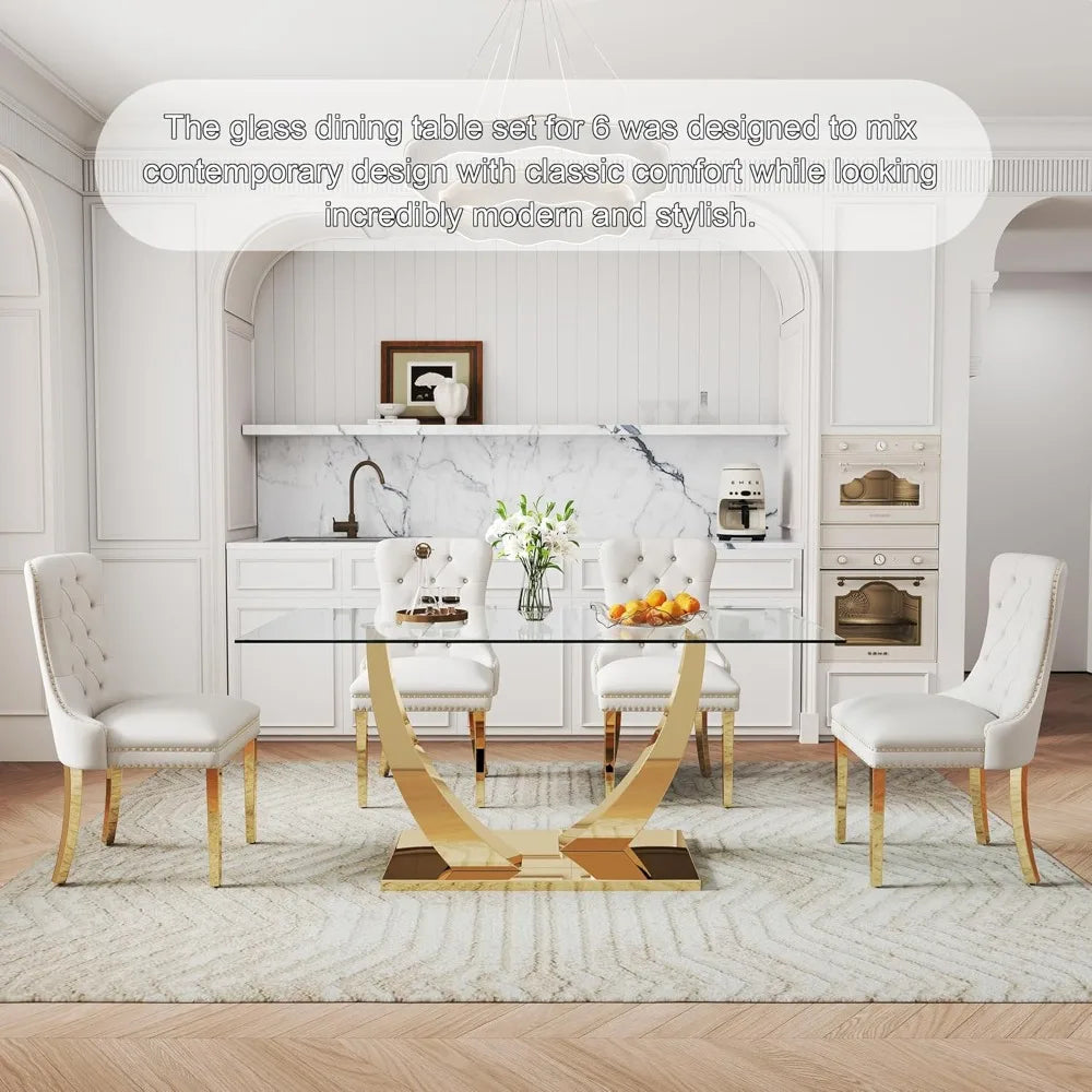 7-Piece Dining Room Set, 63" Gold Rectangular Glass Kitchen Table.