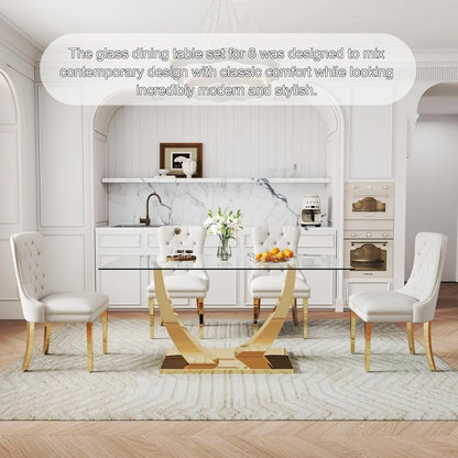 7-Piece Dining Room Set, 63" Gold Rectangular Glass Kitchen Table.