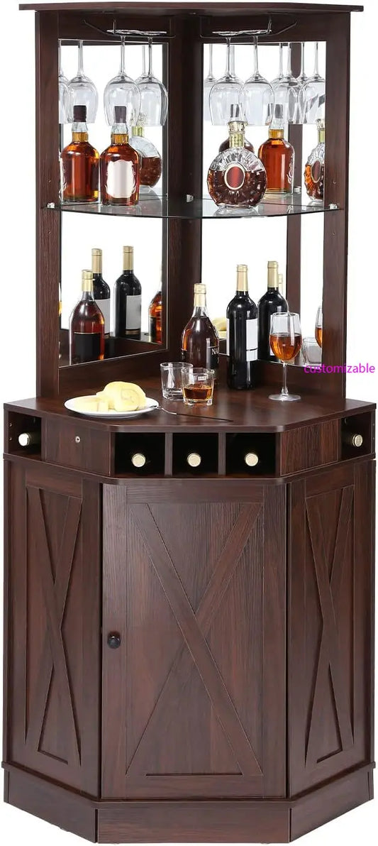Corner Industrial Bar Cabinet, Wine Table For Liquor & Glasses,