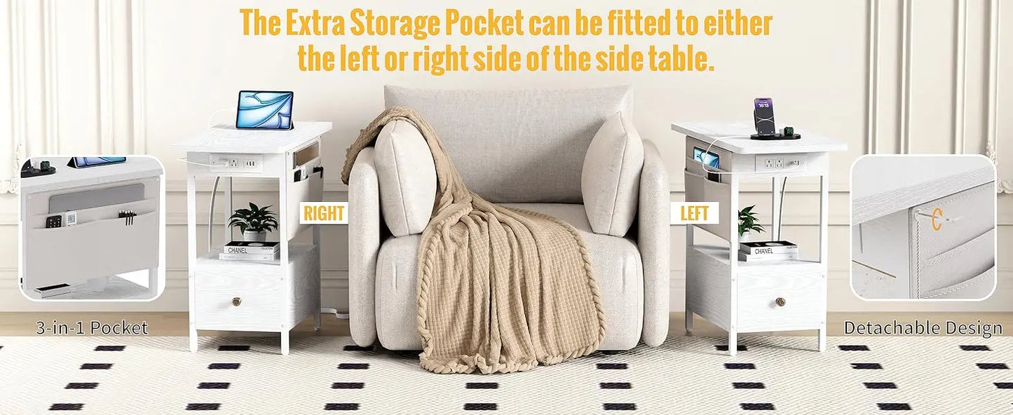 Charging Station, Narrow Nightstand Bedside Tables With Storage.