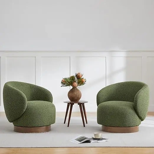 Green Swivel Barrel Armchair With Upholstered Fabric.