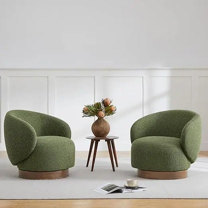 Green Swivel Barrel Armchair With Upholstered Fabric.