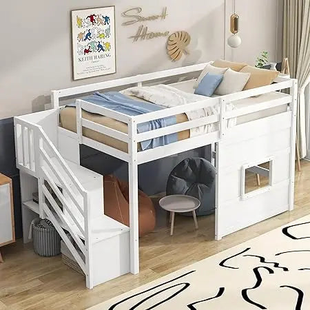 Twin-Size Loft Bed With Storage Steps Underbed.