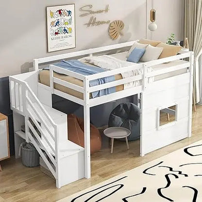 Twin-Size Loft Bed With Storage Steps Underbed.