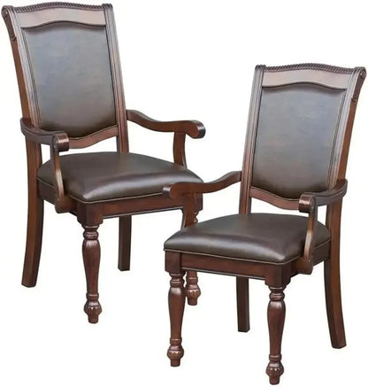 Pair Of  Wooden, Leather Dining Room Arm Chairs,