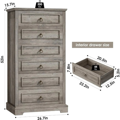 Farmhouse Vertical Chest of 6 Drawers for Bedroom, 52" Tall