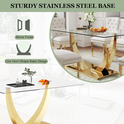 7-Piece Dining Room Set, 63" Gold Rectangular Glass Kitchen Table.
