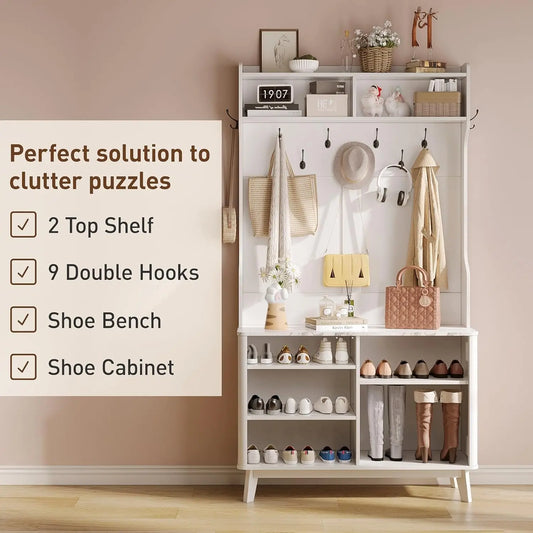 Entryway Hallway Tree With Shoe Storage, Coat Rack