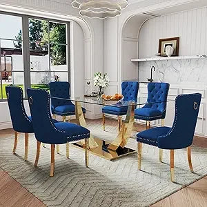 7-Piece Dining Room Set, 63" Gold Rectangular Glass Kitchen Table.
