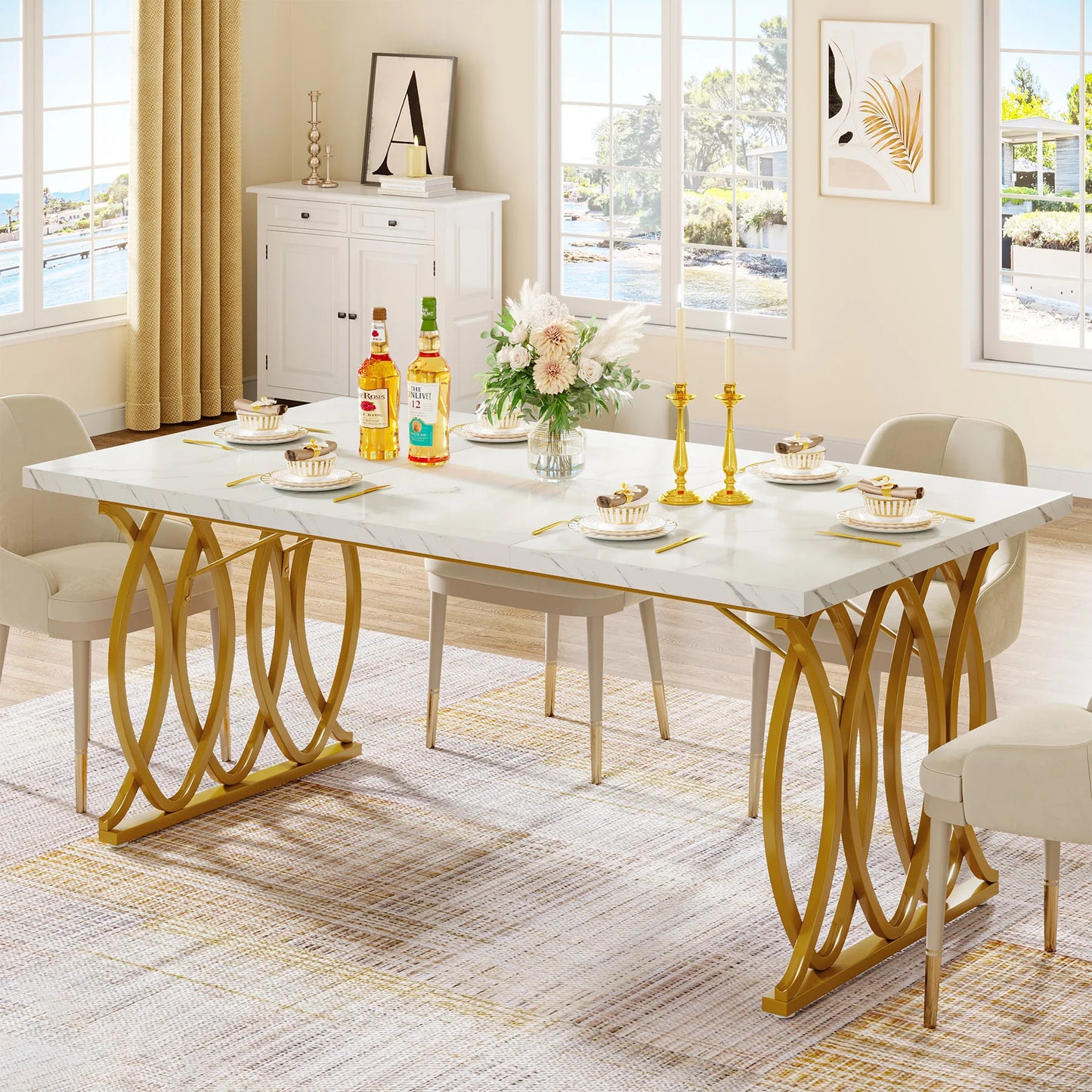 63-Inch Rectangular Marble Dining Table for 4 to 6.