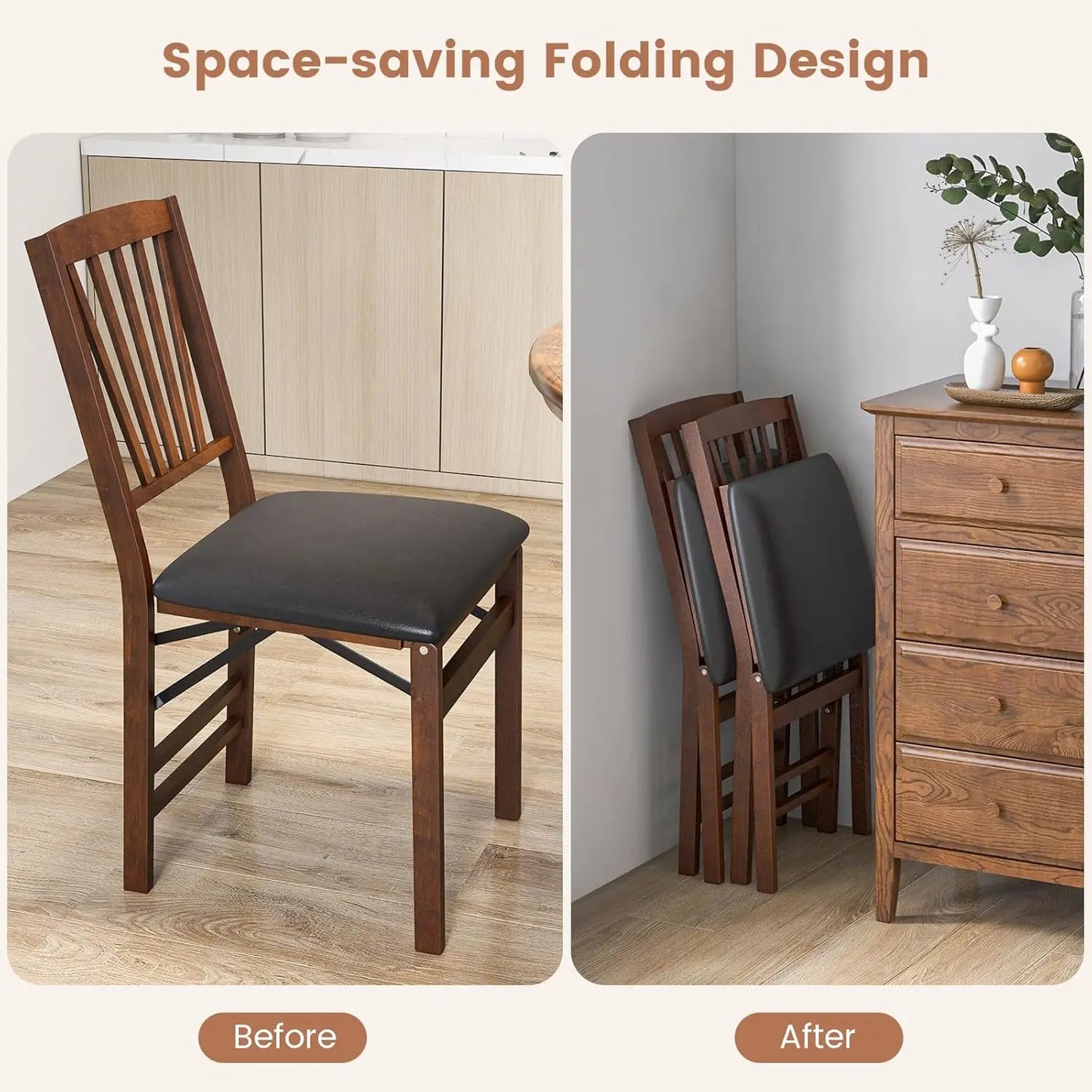 Folding Dining Chairs Set of 2, Foldable Wood Kitchen Chairs.