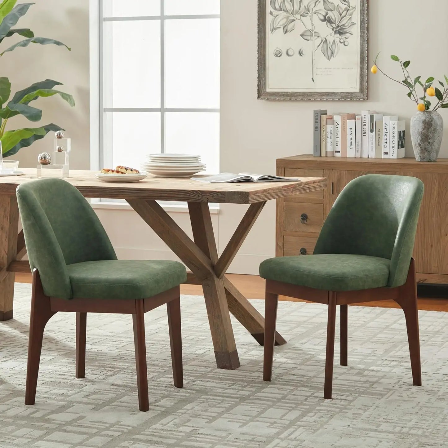 Two Leather Kitchen Chairs With Wood Legs,