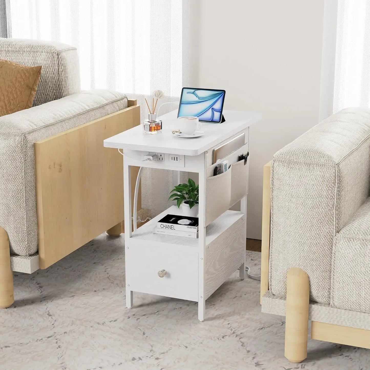 Charging Station, Narrow Nightstand Bedside Tables With Storage.