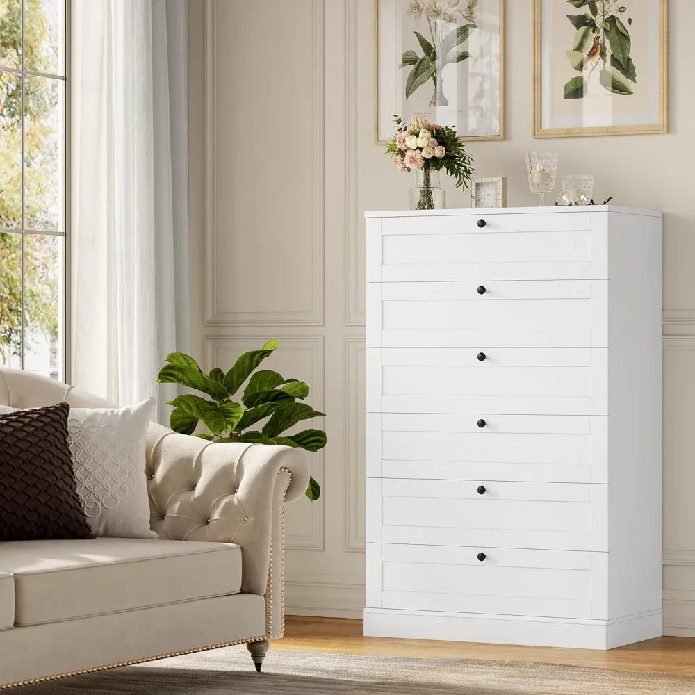 White 6 Drawer Dresser For Bedroom, 52" Tall.