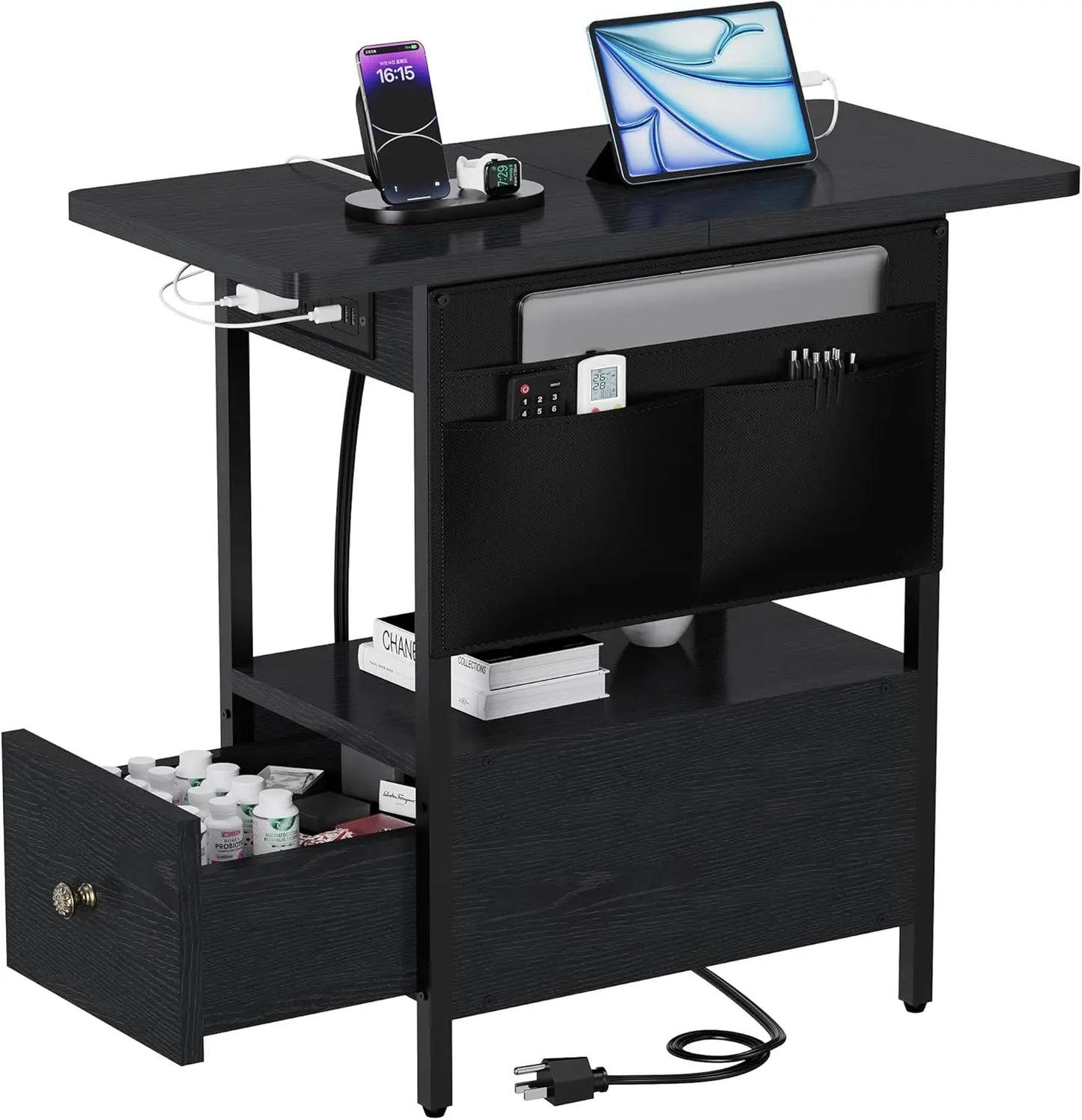 Charging Station, Narrow Nightstand Bedside Tables With Storage.