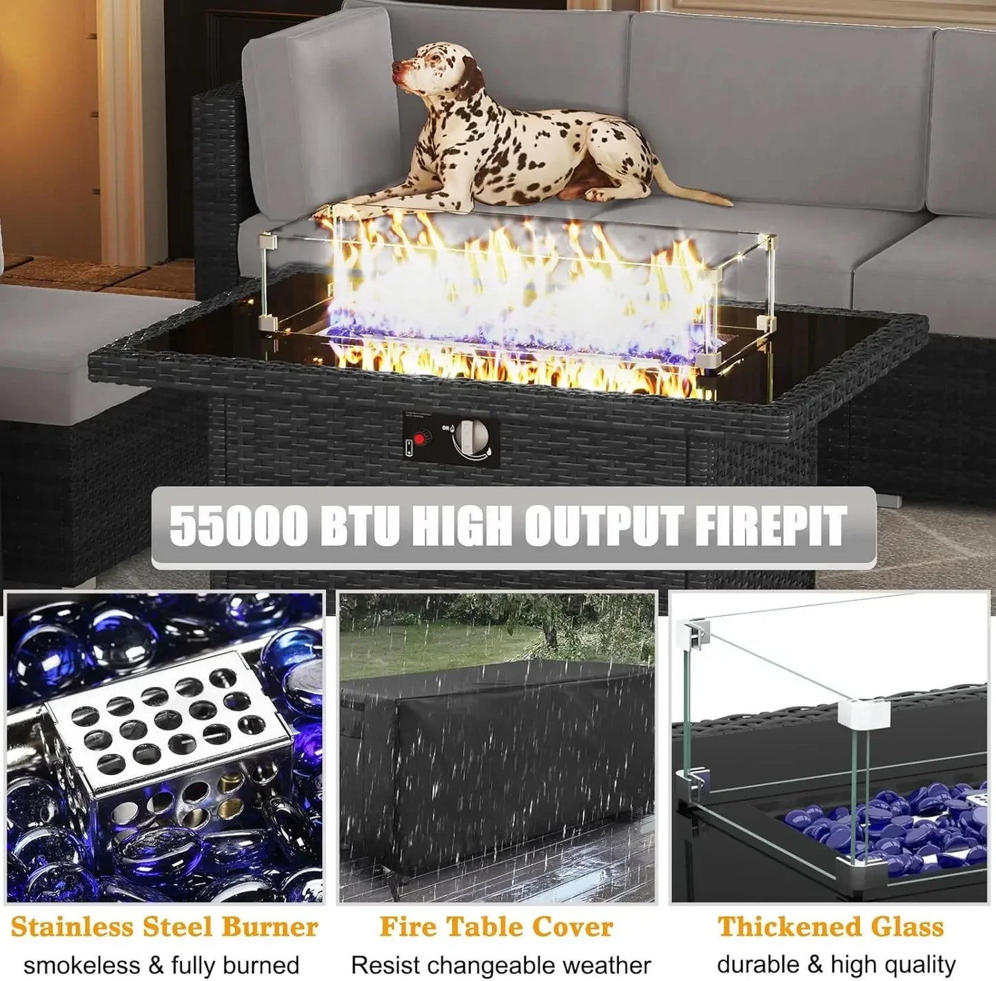 15 Piece Wicker Patio OUTDOOR Set with Fire Pit Table,