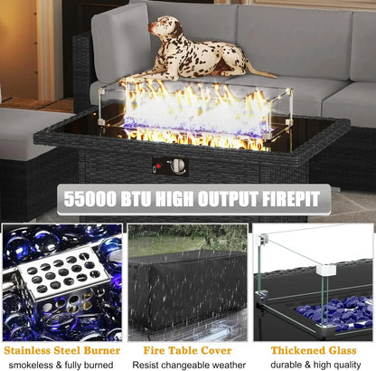 15 Piece Wicker Patio OUTDOOR Set with Fire Pit Table,