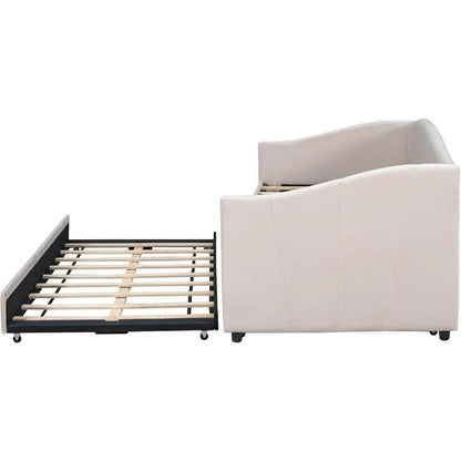 Velvet Daybed with Trundle and Wooden Slat Support,