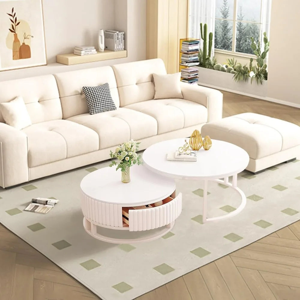Set of 2 Modern White Coffee Tables for Living Room.