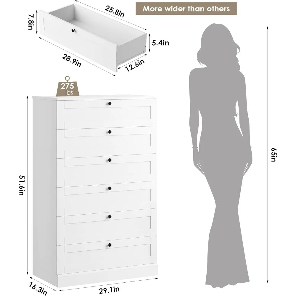 White 6 Drawer Dresser For Bedroom, 52" Tall.