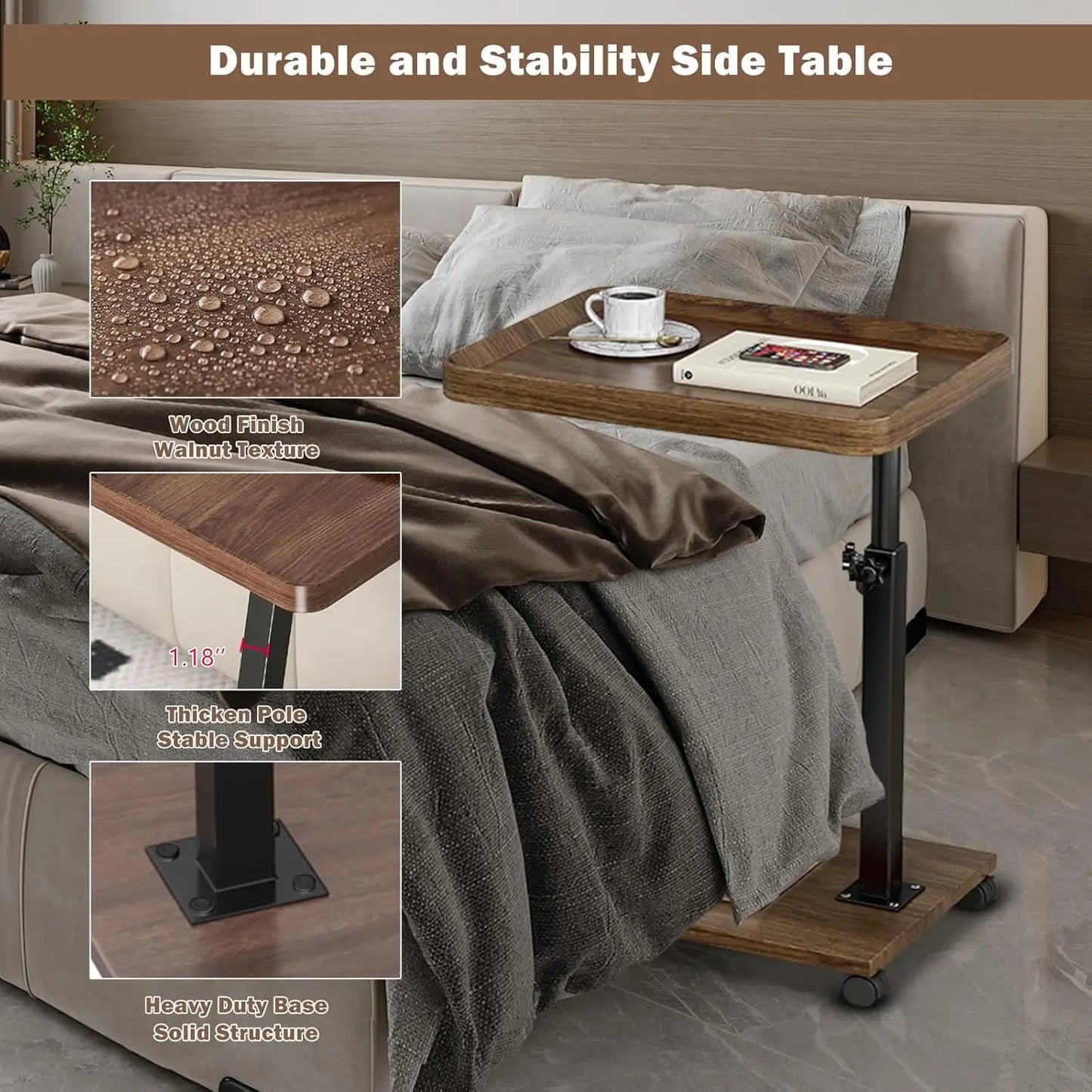 Couch Side Movable Table With Roller, Bedroom Table