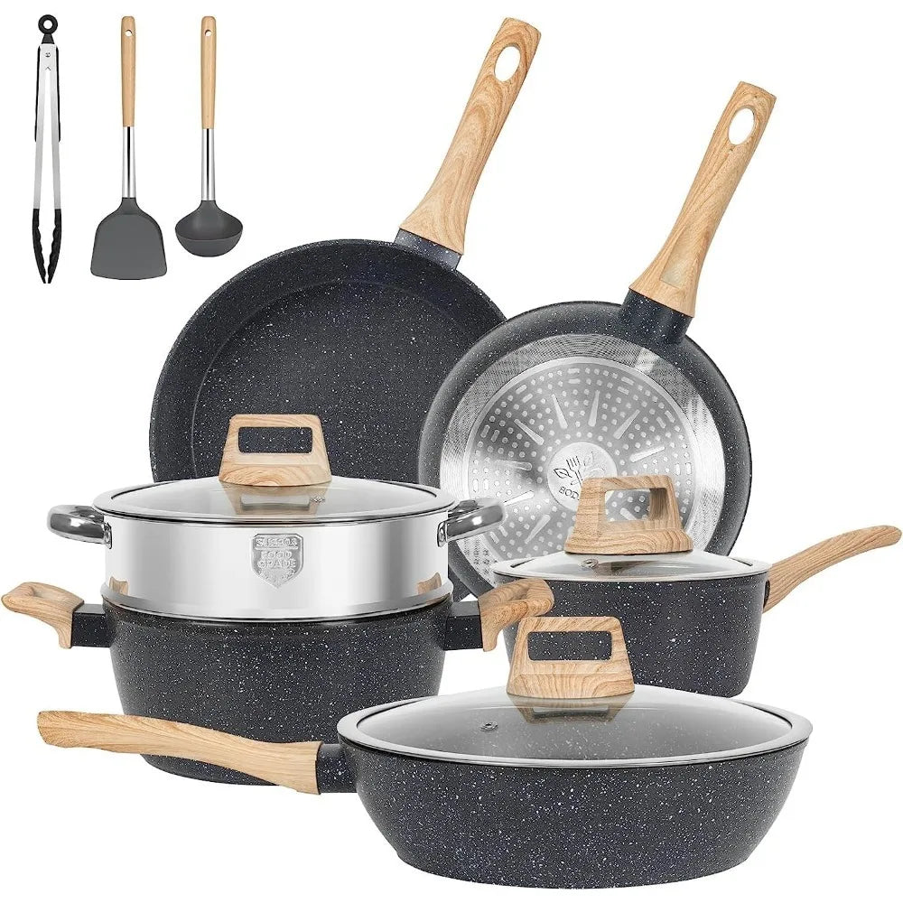 12 Pcs Black Pots And Pans Nonstick Cookware Set,