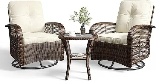 3 Pieces Wicker Patio Set, Swivel Rocker Chairs