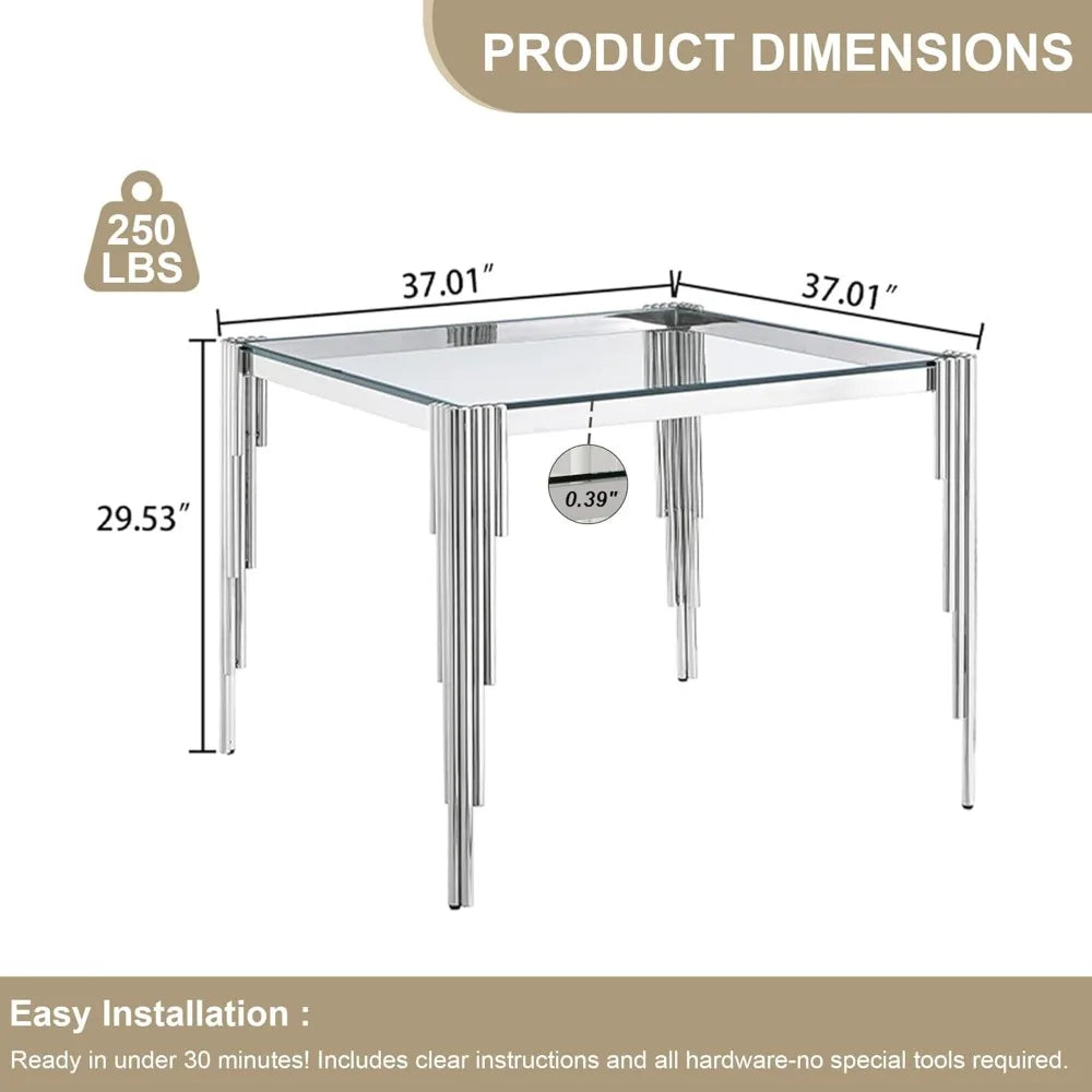 Square Tempered Glass Dining Table for 4 People,