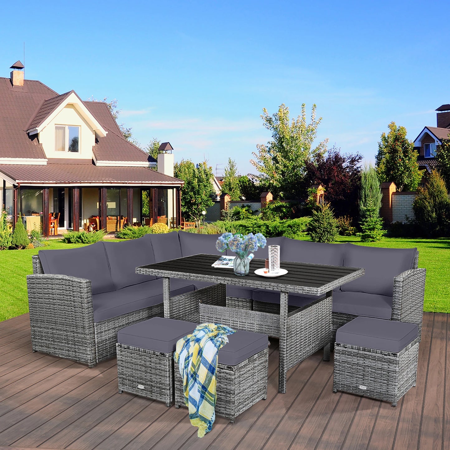 7 PCS Patio Rattan Dining Set Grey