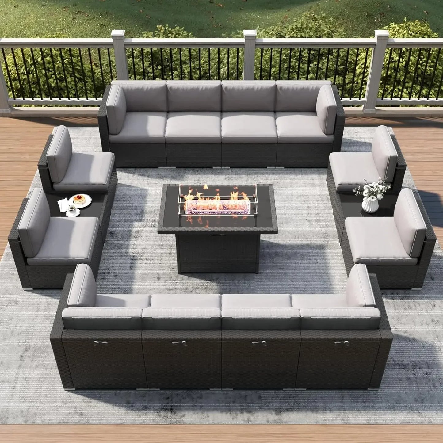 15 Piece Wicker Patio OUTDOOR Set with Fire Pit Table,