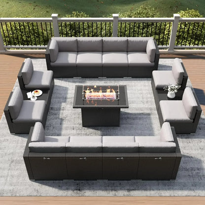 15 Piece Wicker Patio OUTDOOR Set with Fire Pit Table,