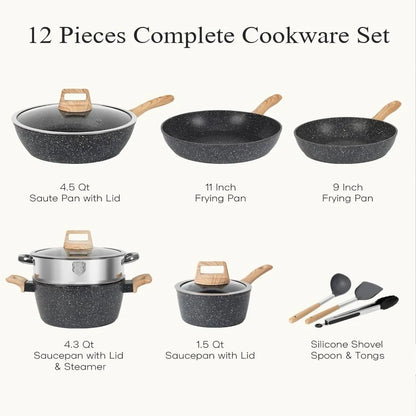 12 Pcs Black Pots And Pans Nonstick Cookware Set,