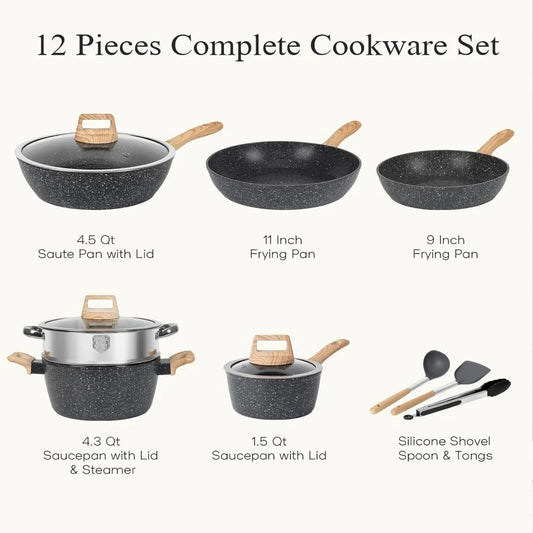 12 Pcs Black Pots And Pans Nonstick Cookware Set,