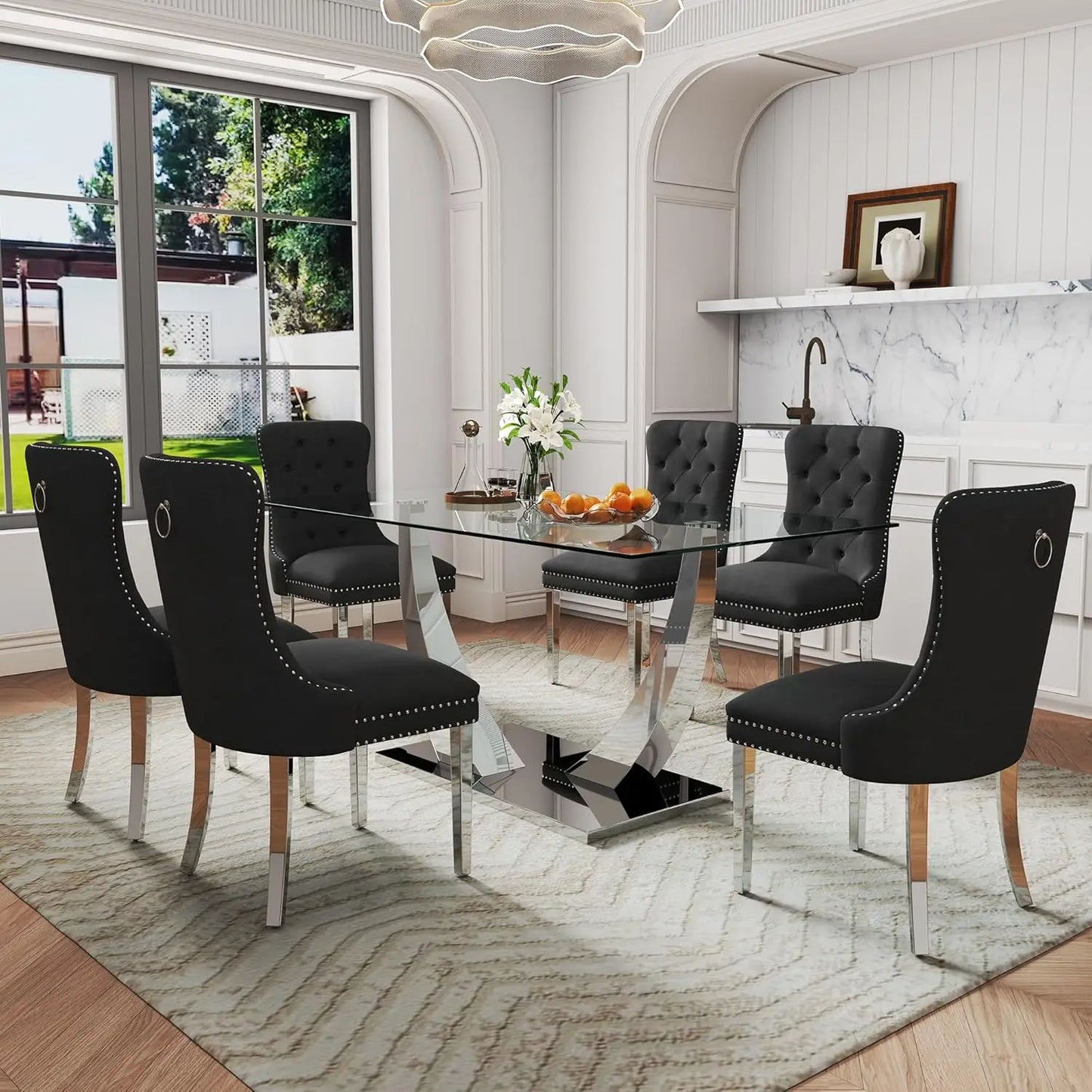 7-Piece Dining Room Set, 63" Gold Rectangular Glass Kitchen Table.