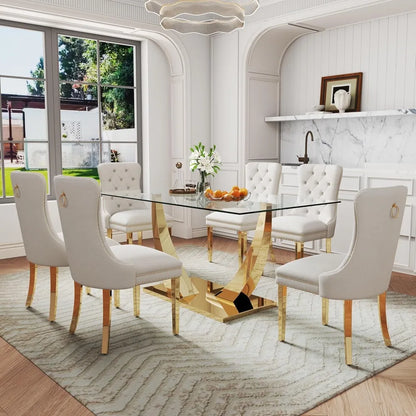 7-Piece Dining Room Set, 63" Gold Rectangular Glass Kitchen Table.