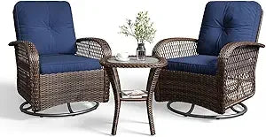 3 Pieces Wicker Patio Set, Swivel Rocker Chairs