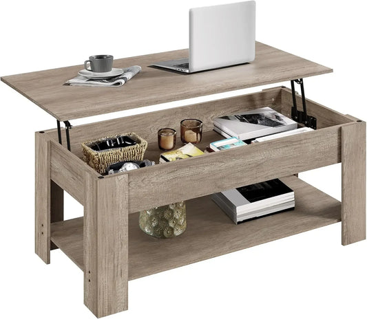 Lift Top Coffee Table With Hidden Compartment And Storage Shelf,