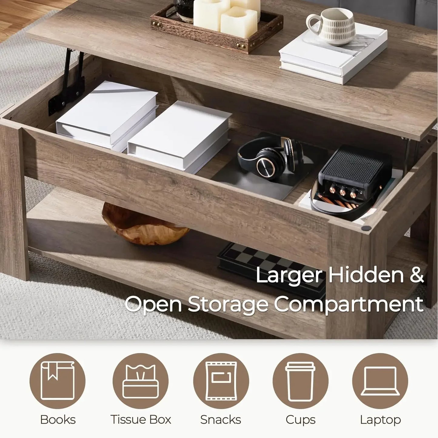 Lift Top Coffee Table With Hidden Compartment And Storage Shelf,