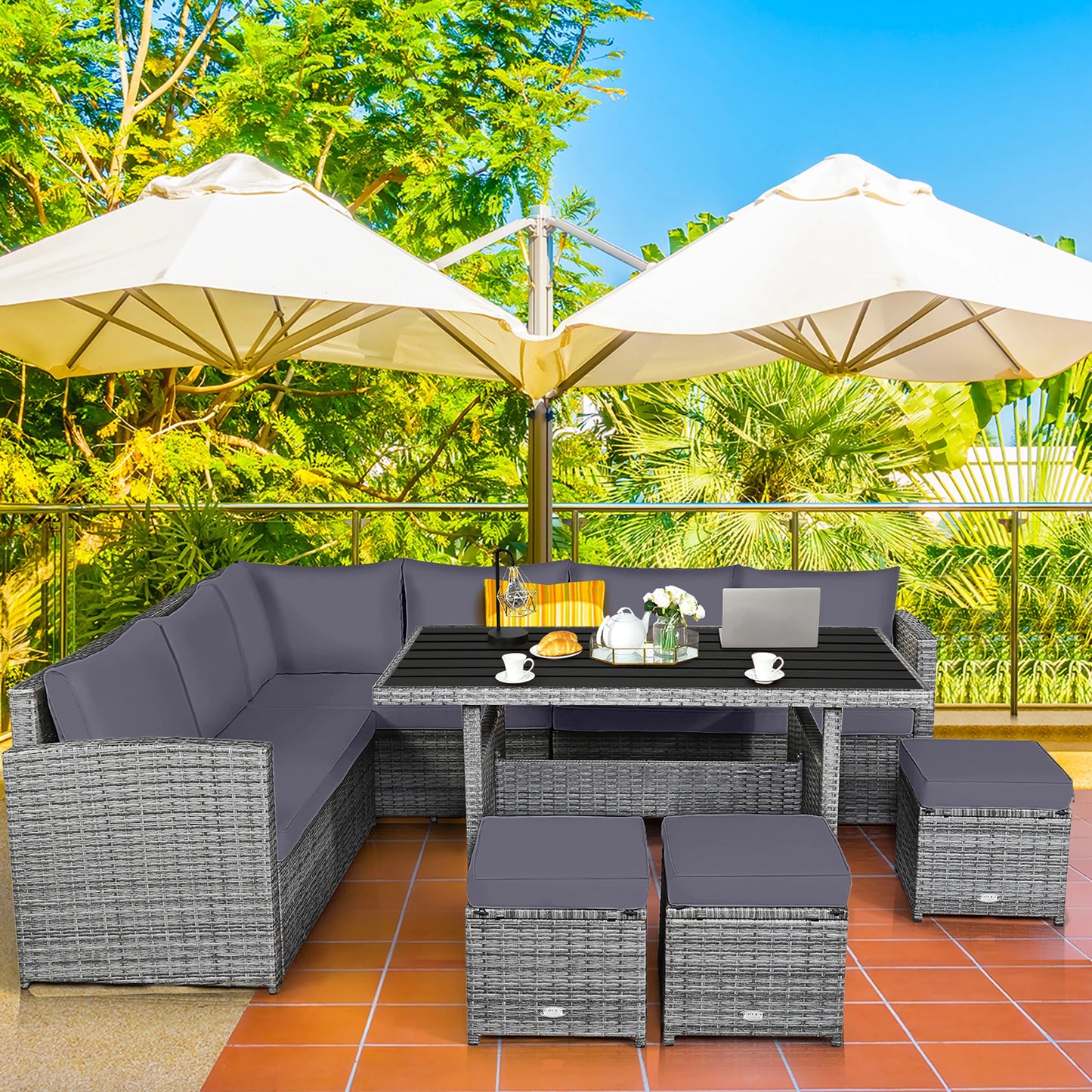 7 PCS Patio Rattan Dining Set Grey
