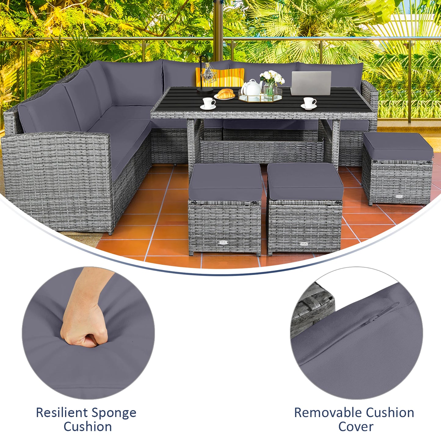 7 PCS Patio Rattan Dining Set Grey