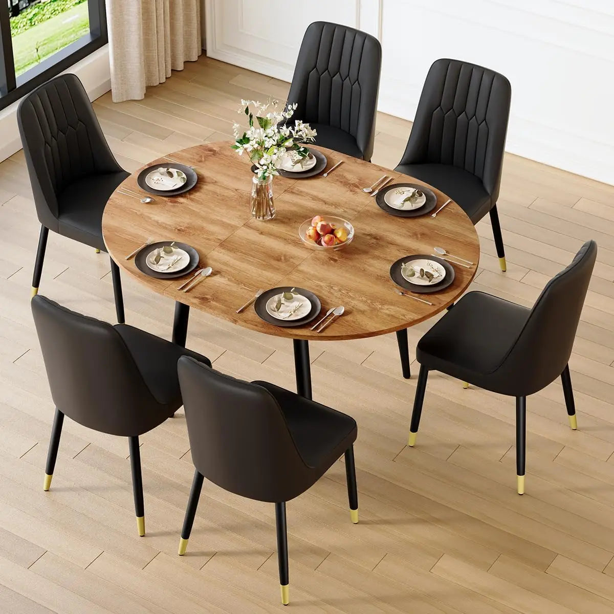 Oval Dining Table Set for 6 Wood Chairs With Thick Cushion