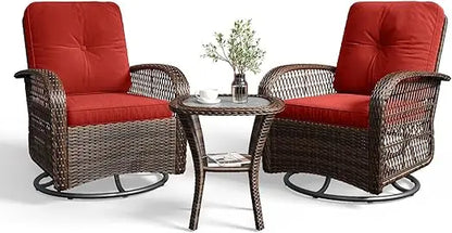 3 Pieces Wicker Patio Set, Swivel Rocker Chairs