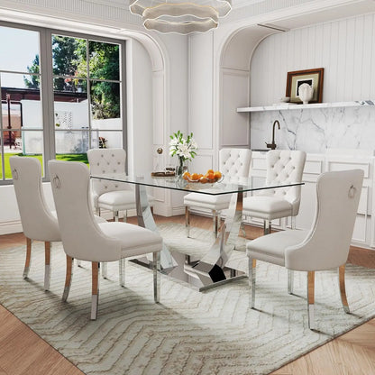 7-Piece Dining Room Set, 63" Gold Rectangular Glass Kitchen Table.