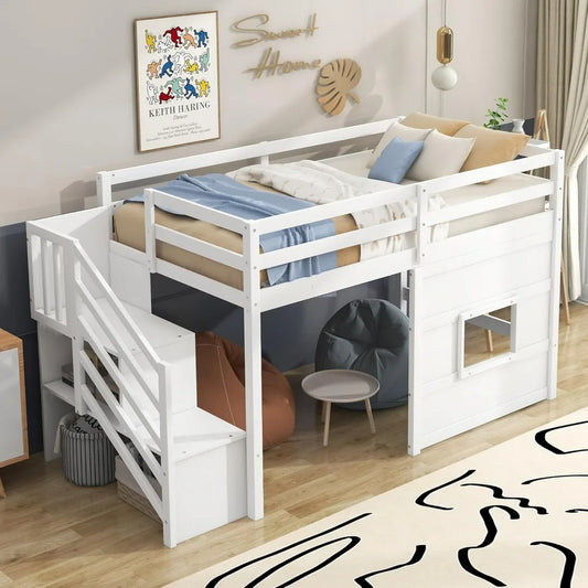 Twin-Size Loft Bed With Storage Steps Underbed.